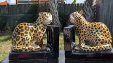 VTG 1960s Ceramic Leopard Bookends Each 8 x 7.5 x 5 & 4 pounds Made in Italy picture