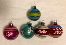 5 VTG PRE WAR CORNING SHINY BRITE DECORATED STRIPED GLASS CHRISTMAS ORNAMENTS picture