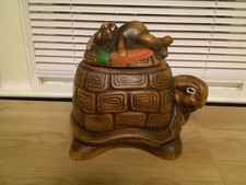 Vtg 70's California Originals Tortoise & Hare Cookie Jar Rabbit & Turtle Ex Cond picture