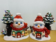 Set Of Lighted Ceramic Snowmen , 10.5 In  Tall , Hand Painted, Both Have Tree picture