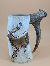 Vintage Handmade Tankard Beer Mug w Real Antler Horn Handle Deer Elk Buck Cow picture