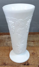 VINTAGE Milk Glass Pedestal Vase with Embossed Grape Vine Design 10