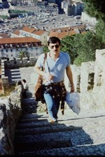 c1980's Kodachrome 35mm Slide Tourist Walking Up Stone Castle Stairs Lisbon picture