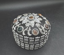 Vtg Black Silver Semi Precious Stones Lidded Box Velvet Inside Small Round 3” picture