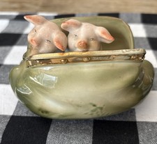 Antique Porcelain Figurine, Pink Pigs in a Purse, Gold Trim picture