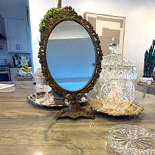Vintage Brass Intricate Vanity Swiveling Mirror picture