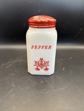 Vintage Hazel Atlas Milk Glass RED Lettering  Dutch Stove Top Pepper. picture