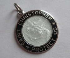 7/8in VINTAGE STERLING SILVER GUILLOCHE ENAMEL SAINT CHRISTOPHER MEDAL CHARM picture