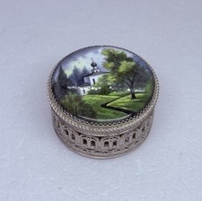 Antique 1950s Porcelain Hand Painted Cathedral Pewter Trinket Box Ornate Art 1 picture