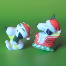 Vtg 1977 1978 Snoopy Christmas Ornaments Ceramic Sleigh Woodstock Peanuts Japan picture