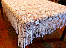 Vtg Hand Crocheted Lace Tablecloth Off White Cotton 65x62 Medallion Cottagecore picture