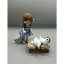 Vintage 1983 Enesco Girl & Chicken Hen Nest Figurines Farm Country Ceramic Set picture