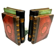 Antique Pair Borghese Faux Leather Bound Plaster Metal Books Sculptures Bookends picture