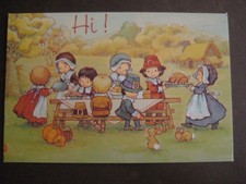 UNUSED vintage greeting card THANKSGIVING Cute Pilgrims at Thanksgiving Dinner picture