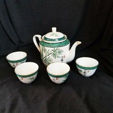 Japanese Asian Lucky Bamboo Green and White Tea Set Ceramic Teapot with 4 cups picture