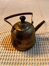Vintage Etched Brass Teapot With Floral Design And Swing Handle picture