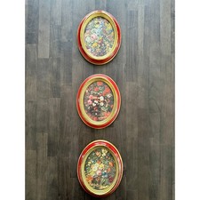 Vintage Norleans Italy Floral Wall Plaques Red Gold Oval Set of 3 picture