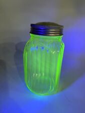 Vintage Green Uranium Glass Ribbed Shaker Jar Metal Screw On Lid 5