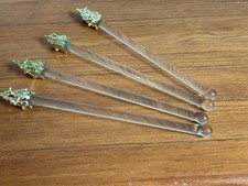 Set of 4 Vintage Clear Glass Cocktail Swizzle Sticks with Gold Christmas Tree picture
