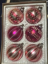 Vintage Christmas Ornaments Box PINK MID CENTURY MODERN Glitter Stencil Germany picture