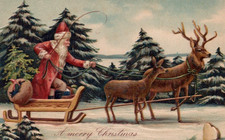 Santa Claus in Old Sled~Reindeer~Winter Scene~ Antique Christmas Postcard~s957 picture