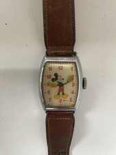 VTG 1930-1940 Disney Mickey Mouse Watch Genuine Leather *AS IS BROKEN* Wind Up picture