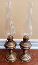 Pair -ANTIQUE Peters&Allen Brass Oil Lamp w/Cristal de Roche Chimney glass 1800s picture