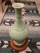 Chinese Ru Ware Celadon Green Vase With Wood Base Crackle Paint 20c picture