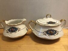 PADEN CITY POTTERY SUGAR BOWL WITH LID AND CREAMER WITH GOLD TRIM VINTAGE picture