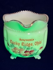 #815 Vtg ROCKY RIDGE OHIO Uranium Custard Souvenir Ribbed Glass TOOTHPICK HOLDER picture