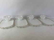 Vintage Anchor Hocking Snack Set Plates & Cups 22K Gold Trim Milk White NOS picture