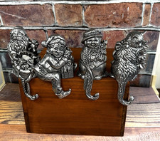4 Vtg Carson Pewter Christmas Stocking Hanger Hooks Shelf Sitters Cat Elf Santa picture