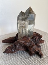 Natural Green Phantom Quartz Obelisk Crystal Cluster with Multiple Points +Stand picture
