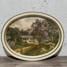 Vtg Currier Ives American Homestead Spring Metal Tin Serving Tray 14 1/2