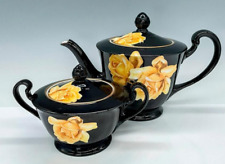 Rare  Noritake Nippon Toki Kaisha BLACK w/ Yellow ROSES Tea pot & Sugar Bowl picture