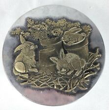 Vintage Raised Metal Easter Rabbit Bunny Rabbits Bunnies Round Metal Tin Decor picture