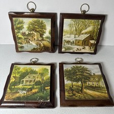 VTG Set of 4 Currier & Ives - Four Seasons Wood Plaques 4.75