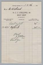 1926 Saratoga Springs NY J. J. Collins Boot Shop Antique Billhead Receipt picture