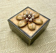 Vintage AXCO Metal Trinket Jewelry Box Enamel Flower Faux Pearl Square picture