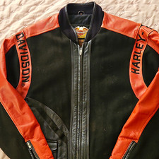 Harley-Davidson Black & Orange Leather Motorcycle Jacket w/ Embroidered Logos picture
