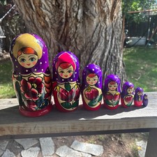 VTG Large Russian Nesting Dolls 7 pc Set Hand Painted Matryoshka Dolls 9