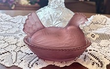 Vintage Style Hen In Nest, Salt Seller, Dish, 4x4”, Coffee cranberry Glaze Glass picture