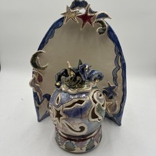 Rare Vintage Heather Goldminc 3pc Stargazer Blue Sky Pottery Candle Holder Music picture
