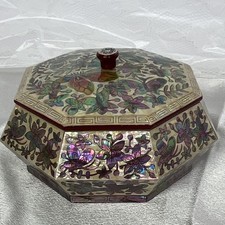 Vtg Korean Najeon Chilgi Octagonal Lacquer Box Abalone MOP Inlay Butterfly⁠ picture