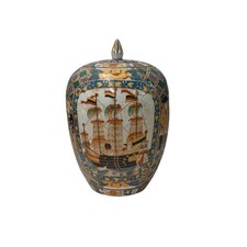 Vintage Polychrome Dutch Sailing Ships Graphic Porcelain Art Jar GB888 picture