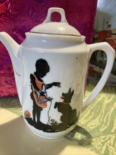 Vintage PSAG Schirnding Bavaria Child & Dog & Rabbit Silhouette Porcelain Teapot picture
