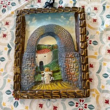 Vintage 3D Relief Chalkware Wall Plaque Mediterranean Village Scene Hand Painted picture