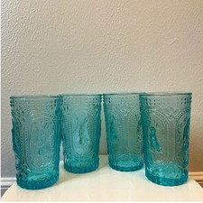 Easter Bunny Embossed Hobnail Victorian Heavy Drinking Glasses Set 4 Blue New picture