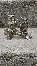 Vtg Metal Silver Toned Owl Salt And Pepper Shakers Sitting On Tree Branch Japan picture