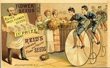 Vintage 1880s Reid's Flower Seeds Rochester NY Trade Card Penny Farthing Bicycle picture